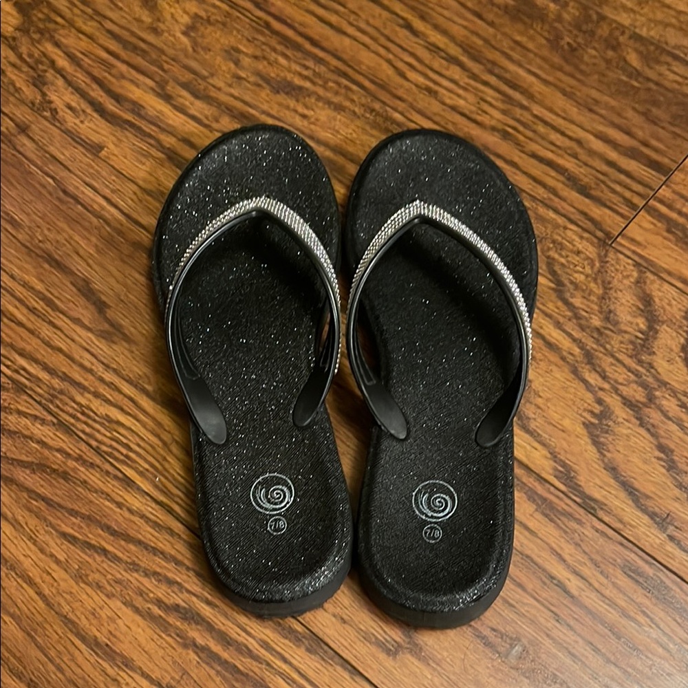 Black Glitter Flip Flops with Silver Accents